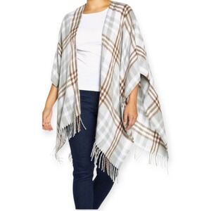 Three Dots NWT OS Cashmere Blend Wrap LOUSIA PLAID GREY Fringe Classic Ranch